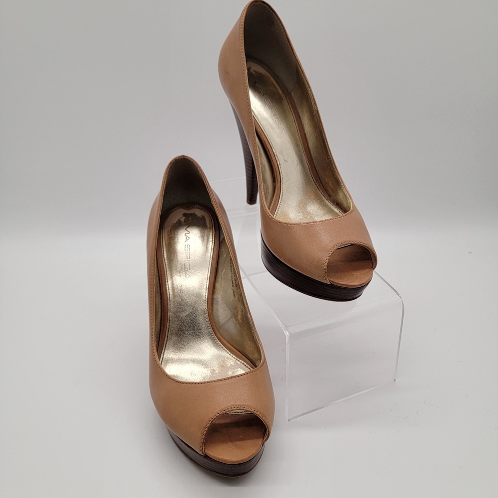 Via Spiga Brandy Brown Tan Leather Peep Toe Pumps Platform Heels Size 7.5M
